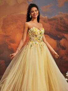 VIPGIRL Elegant Yellow Strapless Floral Applique Tulle Long Ball Gown, Dreamy Sweetheart Princess Prom Dress,Party Dress,Formal,Evening,Wedding Guest