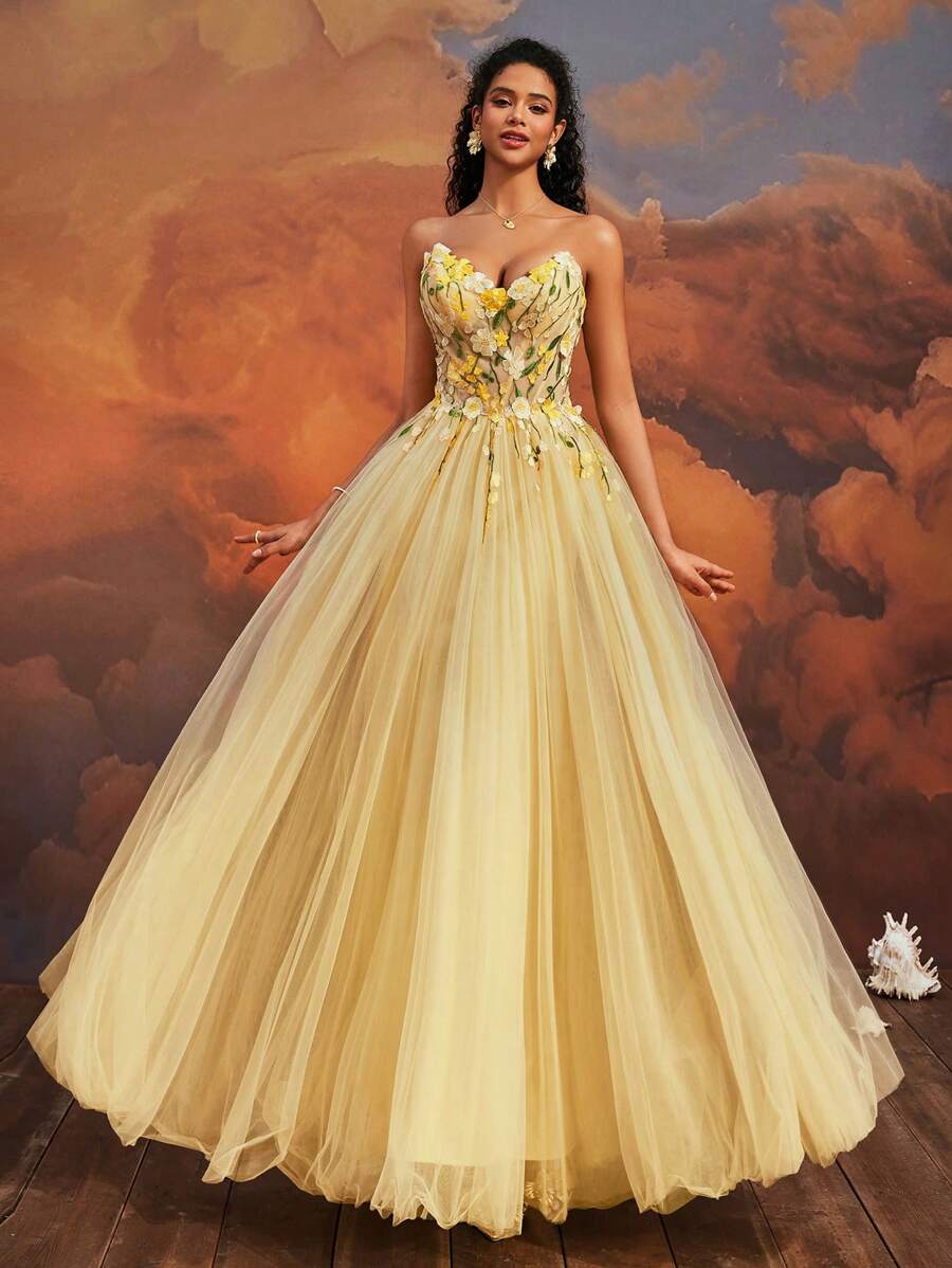 VIPGIRL Elegant Yellow Strapless Floral Applique Tulle Long Ball Gown, Dreamy Sweetheart Princess Prom Dress,Party Dress,Formal,Evening,Wedding Guest