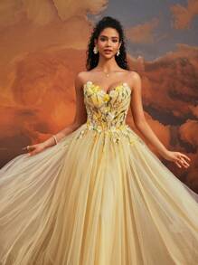 VIPGIRL Elegant Yellow Strapless Floral Applique Tulle Long Ball Gown, Dreamy Sweetheart Princess Prom Dress,Party Dress,Formal,Evening,Wedding Guest