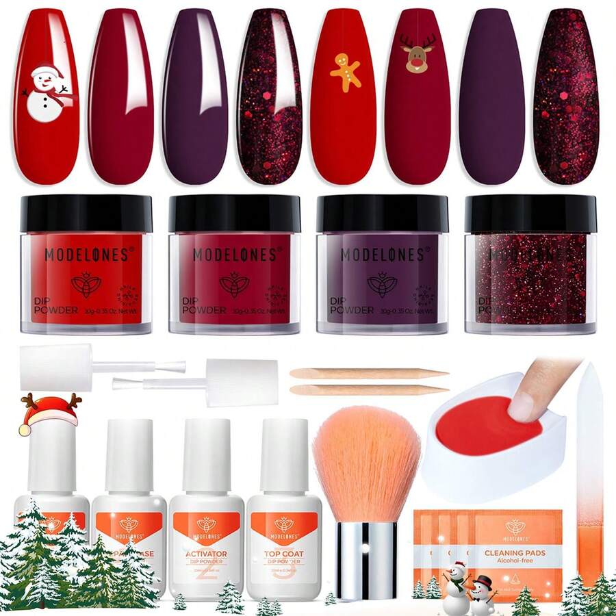 Modelones Dip Powder Nail Kit, Red Purple 4 Colors Nail Dip Glitter Powder Kit Starter Set For Beginners With Dipping Powder Liquid Set - Multifärgad - Visa 1