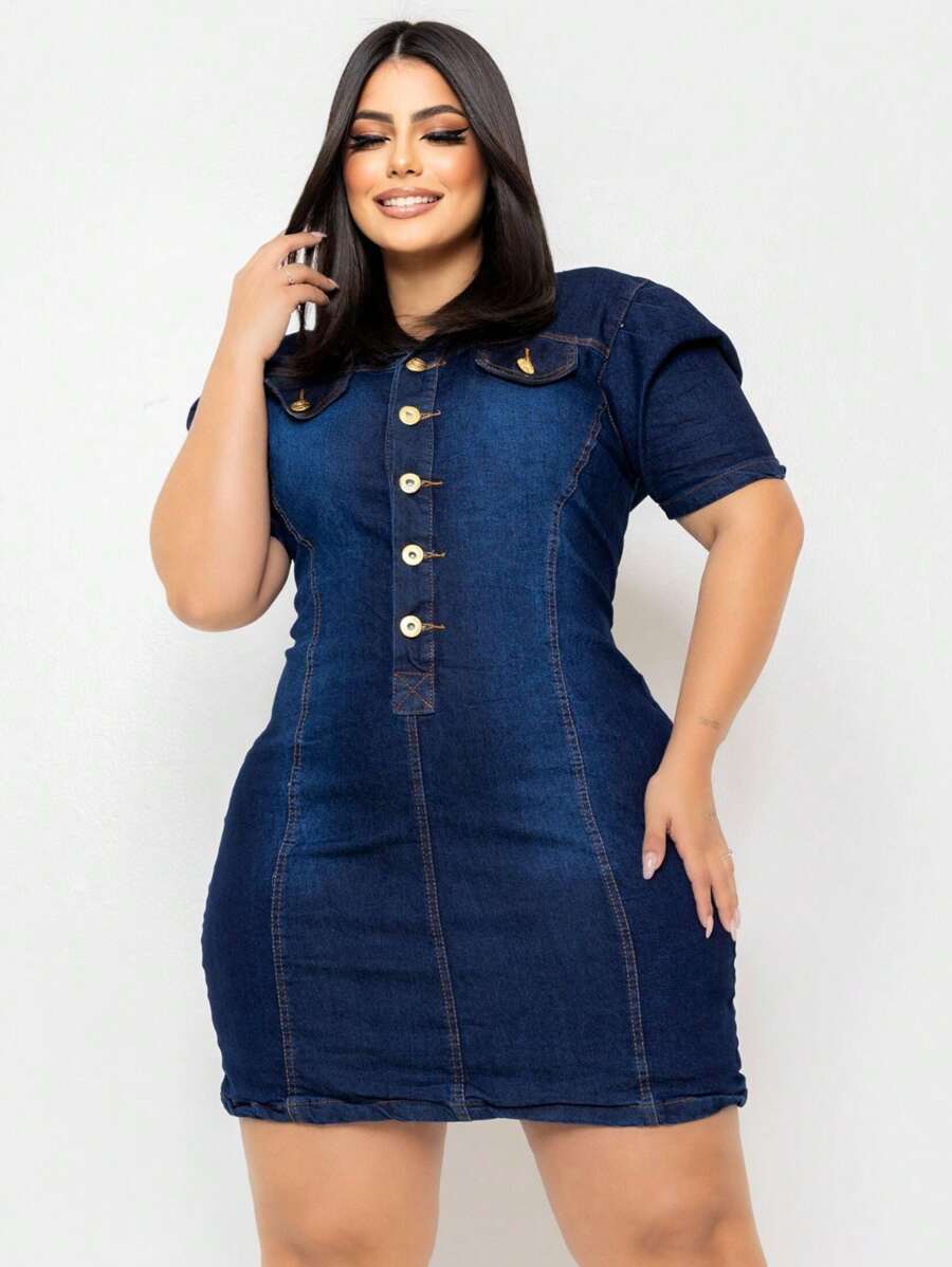 Plus Size Denim Dress With Puff Sleeves - Azul - Ver 1