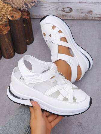 (For Wide/Thick Feet, Please Order One Size Up) Women's Platform Wedge Sandals, Waterproof, Peep Toe, Slingback, Contrast Color, Non-Slip Thick Sole, Hook And Loop Closure, Summer Increased Height Sandals. Round Toe Comfortable Casual Walking Shoes, Essential Leisure Shoes For Women's Parties And Holidays, Breathable Wedge Sandals, Solid Color Thick Bottom Sandals