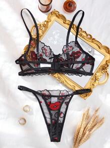 2pcs Sexy Black Lace Embroidered Lip Print Sheer Bra Set For Women, Romantic Lingerie, Suitable For Valentine's Day, Honeymoon Ultrathin Bra