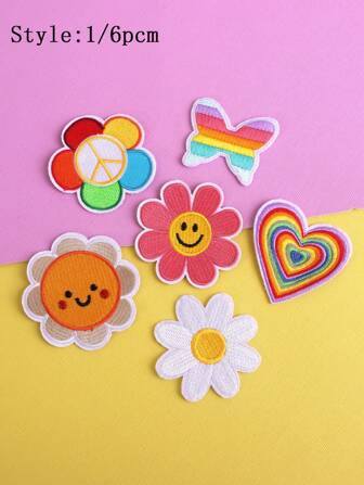 6pcs Sunflower, Daisy, Butterfly & Smiling Face Embroidered Iron-On Patches, Polyester Textile Embroidered Patches For DIY, Suitable For Clothes, Shoes, Bags & Accessories Valentine's Day Valentines Summer, School