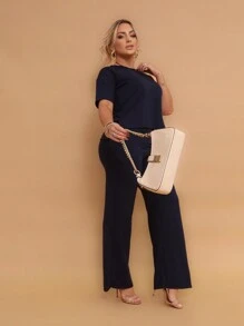 Women's Elegant Set: Wide Leg Pants, Mullet Blouse, Casual Short Sleeve, Tailored Sweatshirt - Màu xanh hải quân - Xem 5