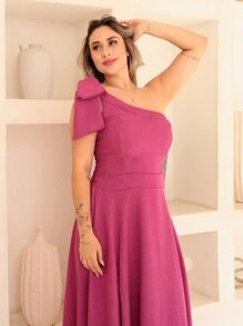 Victoria Long Luxury Dress Plain Duna Linen With Bow One Shoulder - Rose Red - View 5