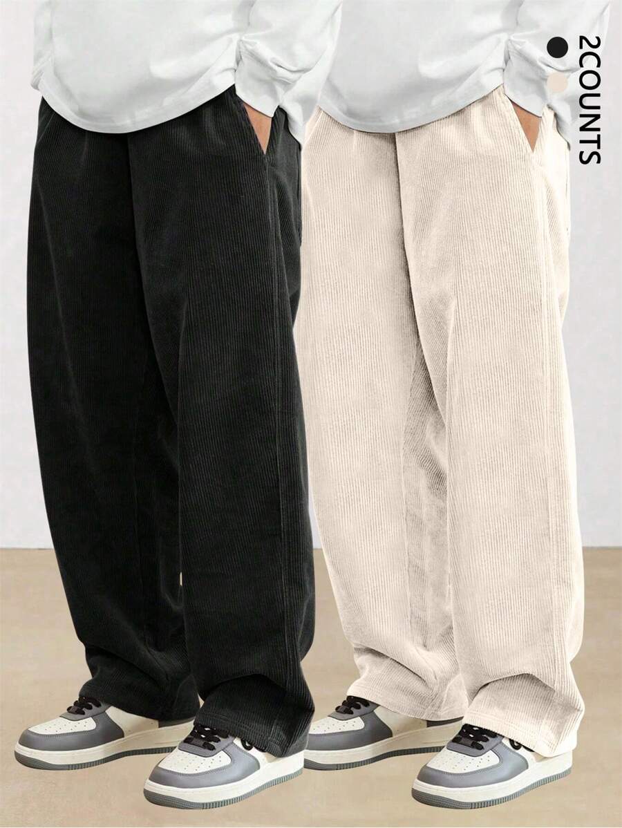 2 件套灯芯绒直筒休闲裤，宽松百搭运动长裤，适合男士，春秋季 - 彩色 - 查看 1