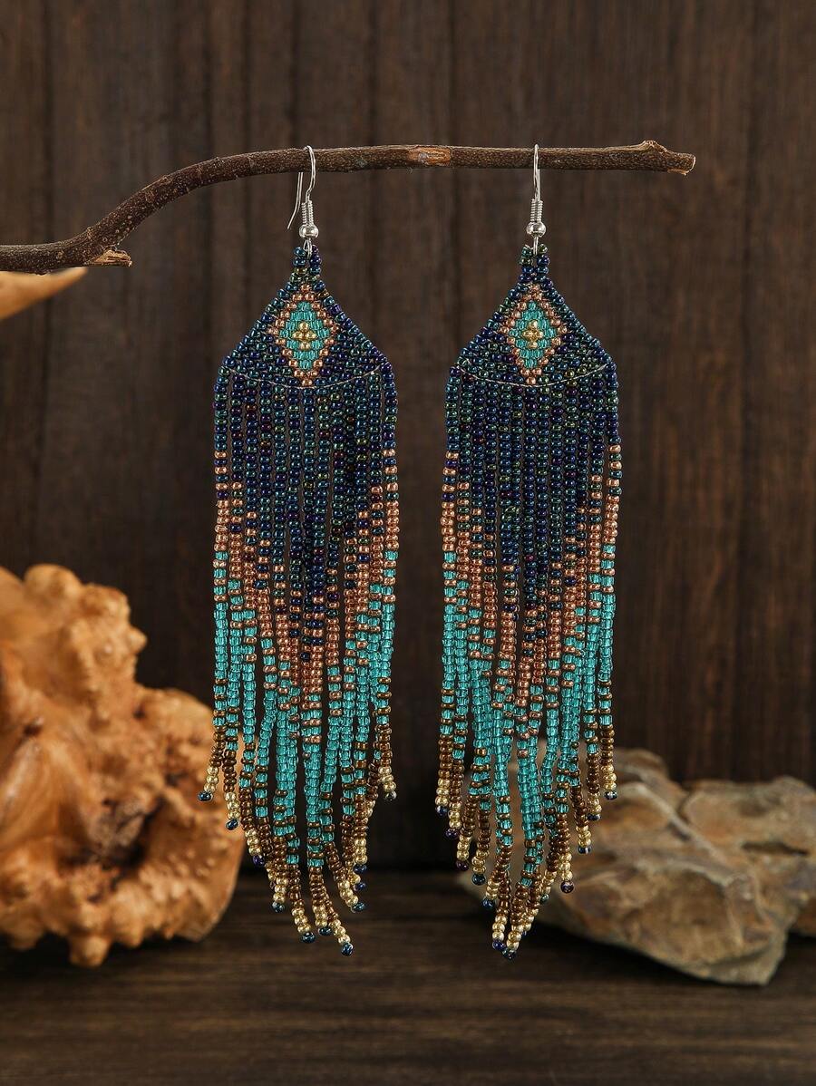 SOUL BEADING 1 对复古波西米亚风格多色串珠几何图案渐变长流苏装饰手工耳环,适合女性日常佩戴,适合各种场合,是送给亲人和朋友的完美礼物 - 手工串珠流蘇 - 查看 1