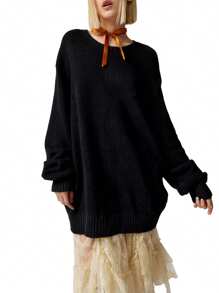 Women's Embroidery Sweaters Long Sleeve Round Neck Oversized Pullover Fall Winter Tops - Black - View 1