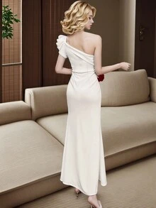 Women's Asymmetrical Neck Evening Gown, Satin Fabric, Sexy High Slit Ruffle Hem, Elegant For Casual, Resort, Formal Party, Cocktail, Long Bodycon Dress, Wedding Guest Dress, Prom Dress - White - View 2