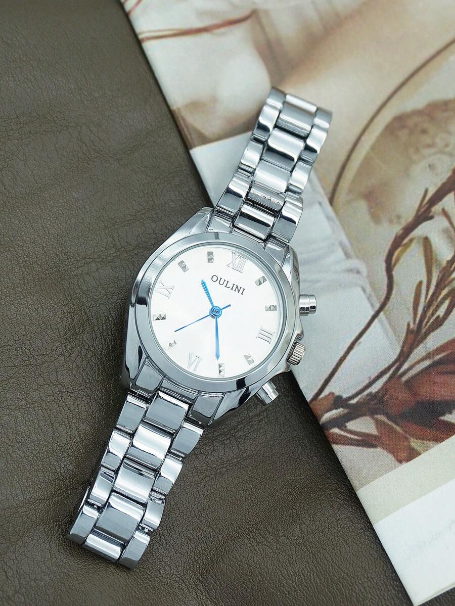 1 chiếc đồng hồ thạch anh tròn thanh lịch thời trang dành cho nữ OULINI có dây đeo bằng hợp kim bạc, quà tặng cho bạn gái, tiệc tùng