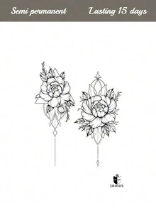 Herbal Juice Semi-Permanent Dual Flower Peony Pattern Couple Style Holiday Party Daily Decor Gift 7-14 Days No Fading No Reflection Large Flower Arm Chest Abdomen Leg Body Temporary Tattoo Sticker 1pc/Pack - Blue - View 5