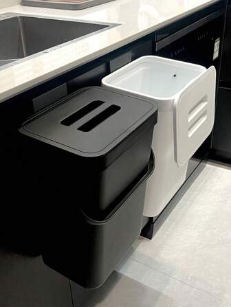 1pc 5L/1.32gal Or 12L/3.17gal Kitchen Trash Can, Wall-Mounted Garbage Disposal, Stick-On Or Screw-In Design, For Room, Bedroom, Bathroom, Kitchen, Rental, Black/White Color