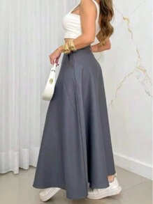 Women's Long Round Skirt Tailoring Evangelical Fashion Casual Basic Winter High Waist Elegant - Xám - Xem 3