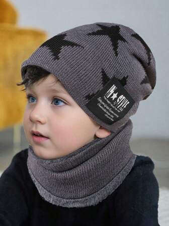 1 Set Kinder Stern Muster Mütze & Schal Set, gestrickte Beanie und Halswärmer für Herbst/Winter Outdoor Aktivitäten, Alltagskleidung, Skifahren, warm und windabweisend