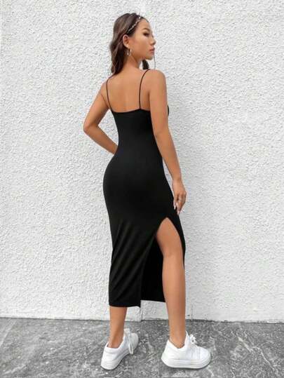 Vestido alça fina com fenda lateral Viscolycra