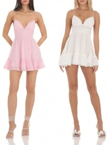 Women Cami Dress Swiss Dot V-Neck Spaghetti Strap Sleeveless Mini Dress A-Line Dress Summer Tie-Up Backless Dress