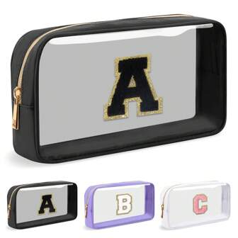 Large Clear Personalized Initial Letter Makeup Bag, A-Z Chenille Patch Preppy Nylon Cosmetic Bag With Zipper, TSA Approved Transparent Waterproof Travel Toiletry Bag Travel Essentials For Women Girl, Make Up Organizer Toiletry Bag Makeup Storage,School Supplies,Christmas Gifts Makeup Bags Make Up Bag