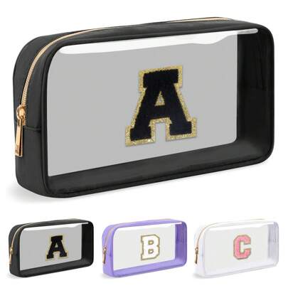 Grande bolsa de maquiagem com letras iniciais transparentes personalizadas, bolsa de cosméticos de nylon com remendo de chenille de A a Z com zíper, bolsa de higiene de viagem transparente à prova d'água aprovada pela TSA, itens essenciais de viagem para mulheres e meninas, organizador de maquiagem, bolsa de higiene pessoal, armazenamento de maquiagem, material escolar, presentes de Natal, bolsas de maquiagem