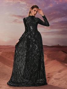 YISIKADO 女士亮片正式晚礼服奢华闪亮舞会派对礼服长袖高领端庄长裙舞会礼服婚礼宾客晚宴毕业典礼