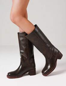 Knee High Boots For Woman Square Toe Fall Wide Calf Pull On Chunky Block Heeled Boots Riding Boots Knight Women's Boots Autumn Casual Comfortable Block Heels For Women - nâu sẫm - Xem 3