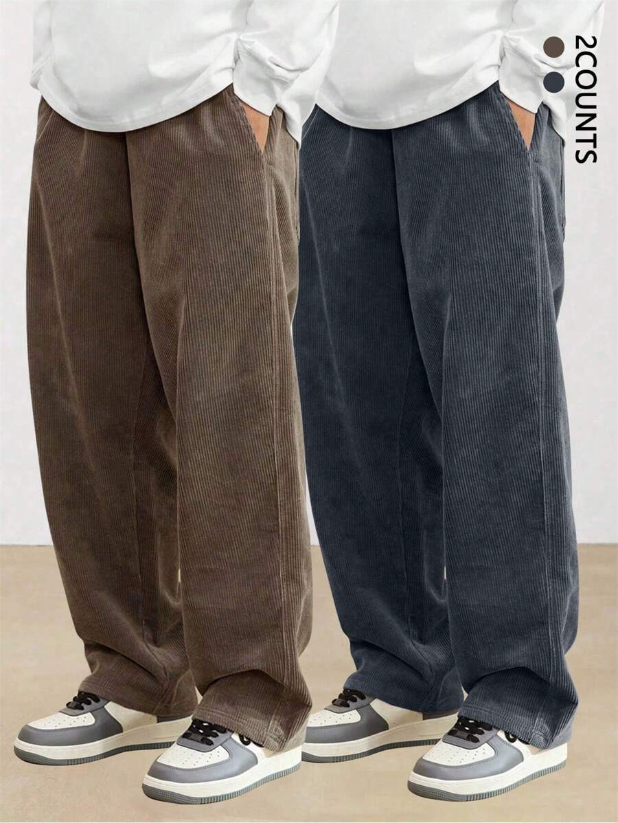 2pcs/Set Corduroy Straight Leg Casual Pants, Loose Fit Versatile Sporty Trousers For Men, Spring & Autumn