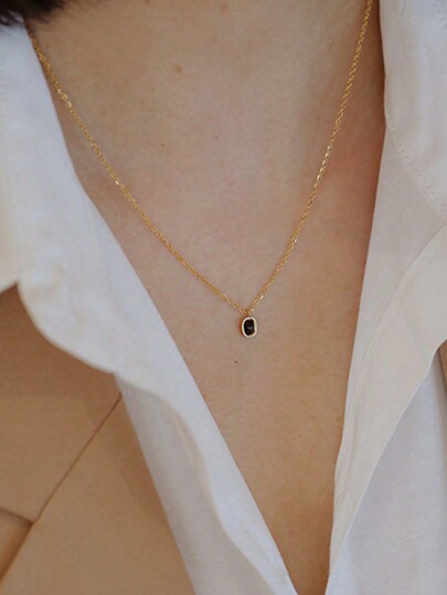 BALMORA 1pc Minimalist Exquisite Style S925 Sterling Silver Gold Plated Square Black Pendant Necklace Collar Chain For Women Winter Party Jewelry Gift