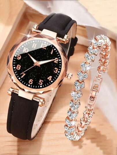 2 piezas Reloj de Mujer: Reloj de cuarzo casual y de moda con pulsera de PU y brazalete, regalo para la pareja