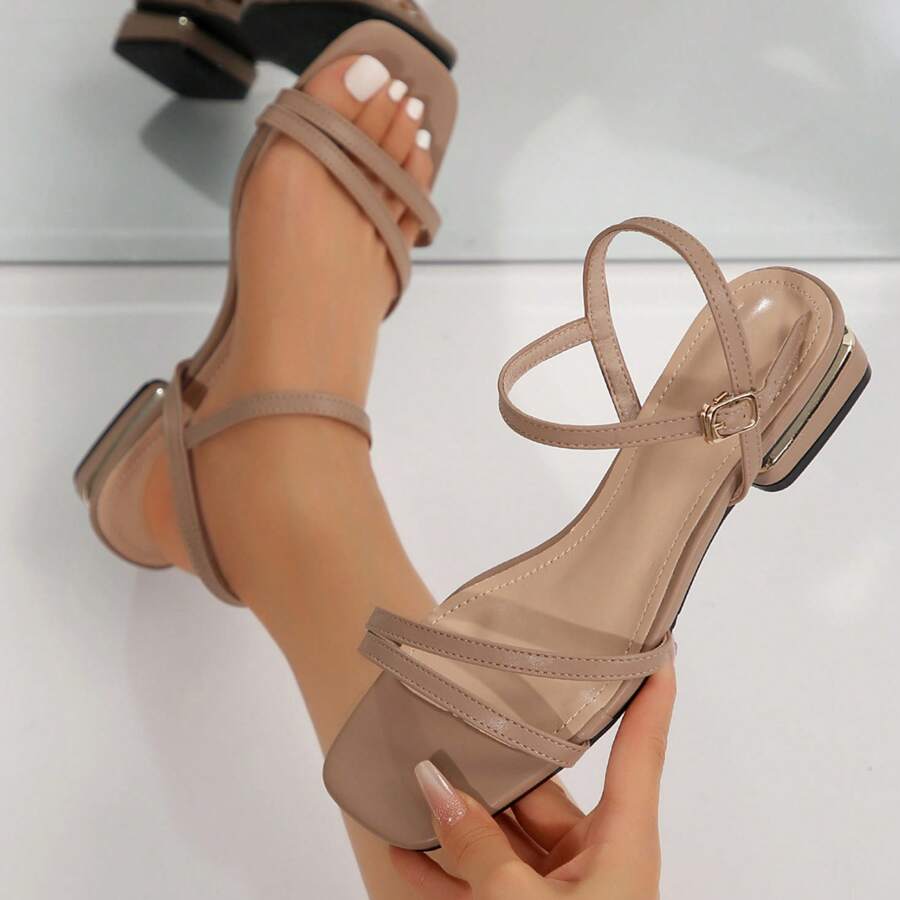 Stylish Leather Ankle-Strap Sandals For Women - Low Heel, Square Toe & Buckle Closure - Ideal For Outdoor Activities & Getaways. - Màu be - Xem 1