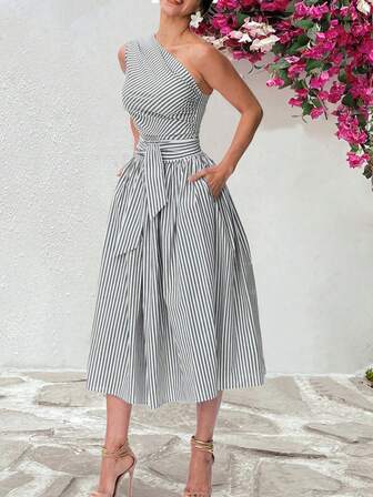 Women's Casual Loose Striped Print One-Shoulder Tie-Waist Dress - Random Floral Pattern