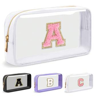 Large Clear Personalized Initial Letter Makeup Bag, A-Z Chenille Patch Preppy Nylon Cosmetic Bag With Zipper, TSA Approved Transparent Waterproof Travel Toiletry Bag Travel Essentials For Women Girl, Make Up Organizer Toiletry Bag Makeup Storage,School Supplies,Christmas Gifts Makeup Bags
