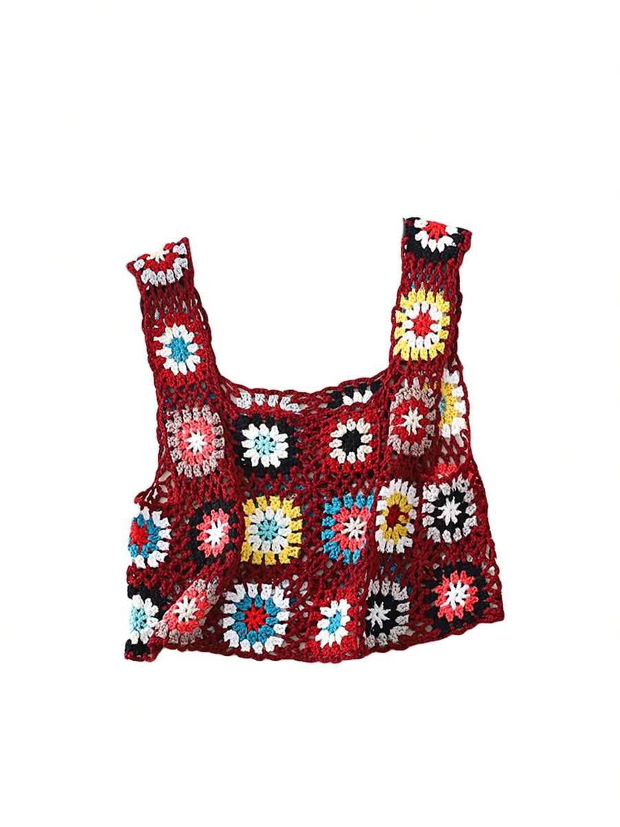 Womens Crochet Tank Top Knit Colorful Floral Embroidery Summer Boho Camisole Hollow Out Top - 酒紅色 - 查看 1