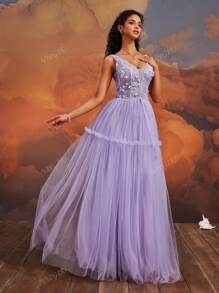 VIPGIRL Elegant Lavender V-Neck Floral Applique Tulle Long Ball Gown, Dreamy Princess Prom Dress, Women Formal & Evening Evening Gown, Wedding Guest Dress Party Dress