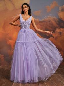 VIPGIRL Elegant Lavender V-Neck Floral Applique Tulle Long Ball Gown, Dreamy Princess Prom Dress, Women Formal & Evening Evening Gown, Wedding Guest Dress Party Dress