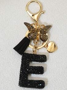 1pc Soft Clay Pink Letter Rhinestone Keychain, Cute Personalized Handbag Accessory, Car Key Chain, Heart Decor Gift For Mom, Friends, Valentine's Day Valentines Car Accessories Bag Charm - Black Butterfly - View 13