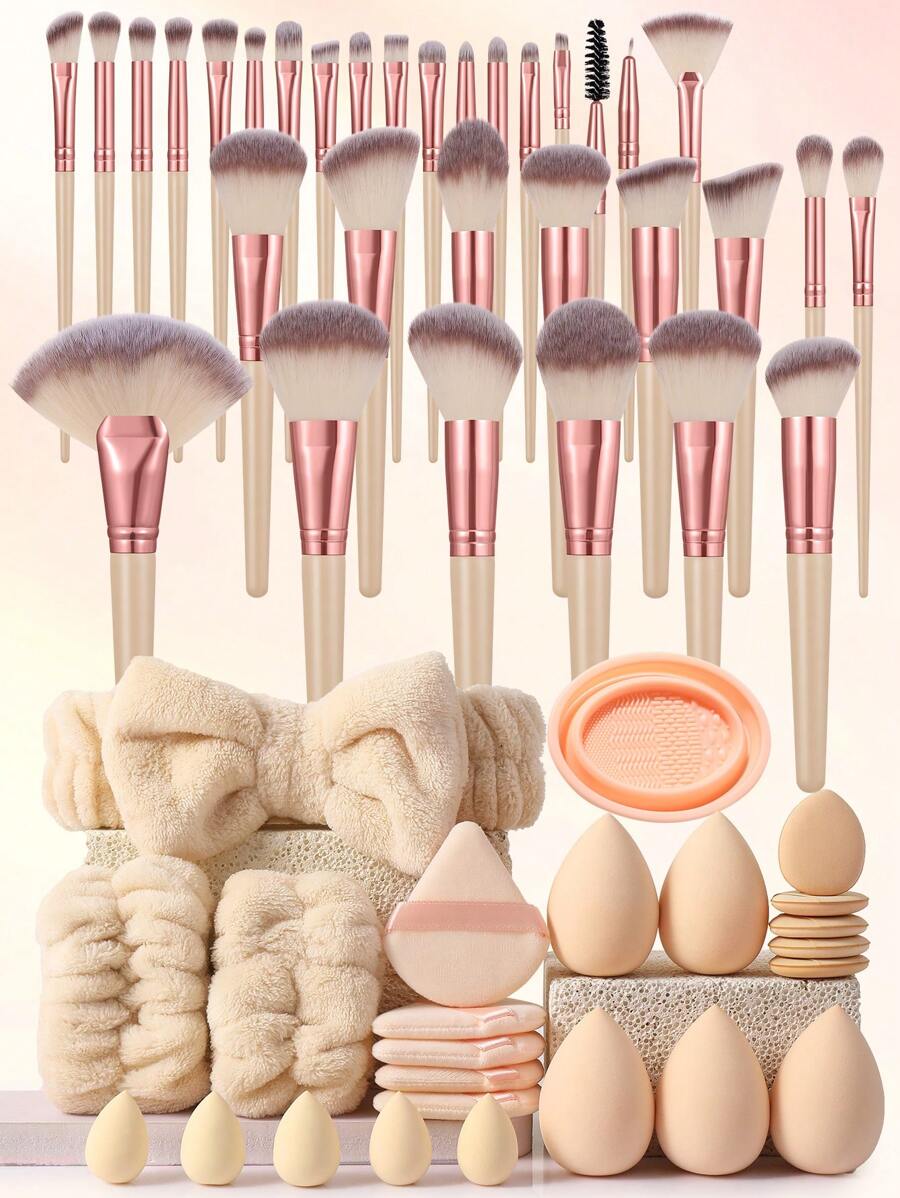 24/39/42/44/49/56/57PCS Makeup Tools Set Including:1pc Multi-Functional Zipper Toiletry And Cosmetic Bag Waterproof+ Makeup Brush Set+5PCS Makeup Sponges+5PCS Mini Makeup Sponges+5PCS Triangle Powder Puffs+5PCS Mini Air Cushion Powder Puffs+1pc Hairband+2PCS Hand Bowl Strap+1pc Makeup Brush Cleaning Tools - 彩色 - 查看 1