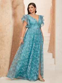 (No Floral Pattern) V-Neck Embroidered Lace Ruffle Sleeve Front Slit High-End Formal Gown - Baby Blue - View 5