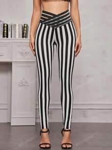 Crossed Waistband Striped Digital Print Leggings, High Waist Stretchy Sport Cropped Pants