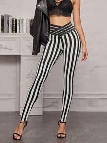Crossed Waistband Striped Digital Print Leggings, High Waist Stretchy Sport Cropped Pants