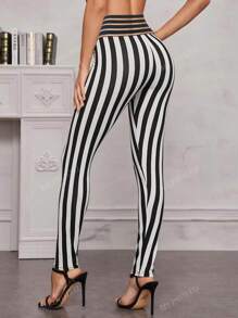 Crossed Waistband Striped Digital Print Leggings, High Waist Stretchy Sport Cropped Pants