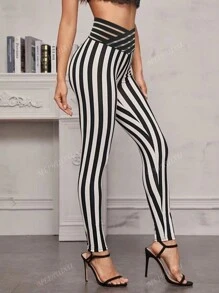 Crossed Waistband Striped Digital Print Leggings, High Waist Stretchy Sport Cropped Pants