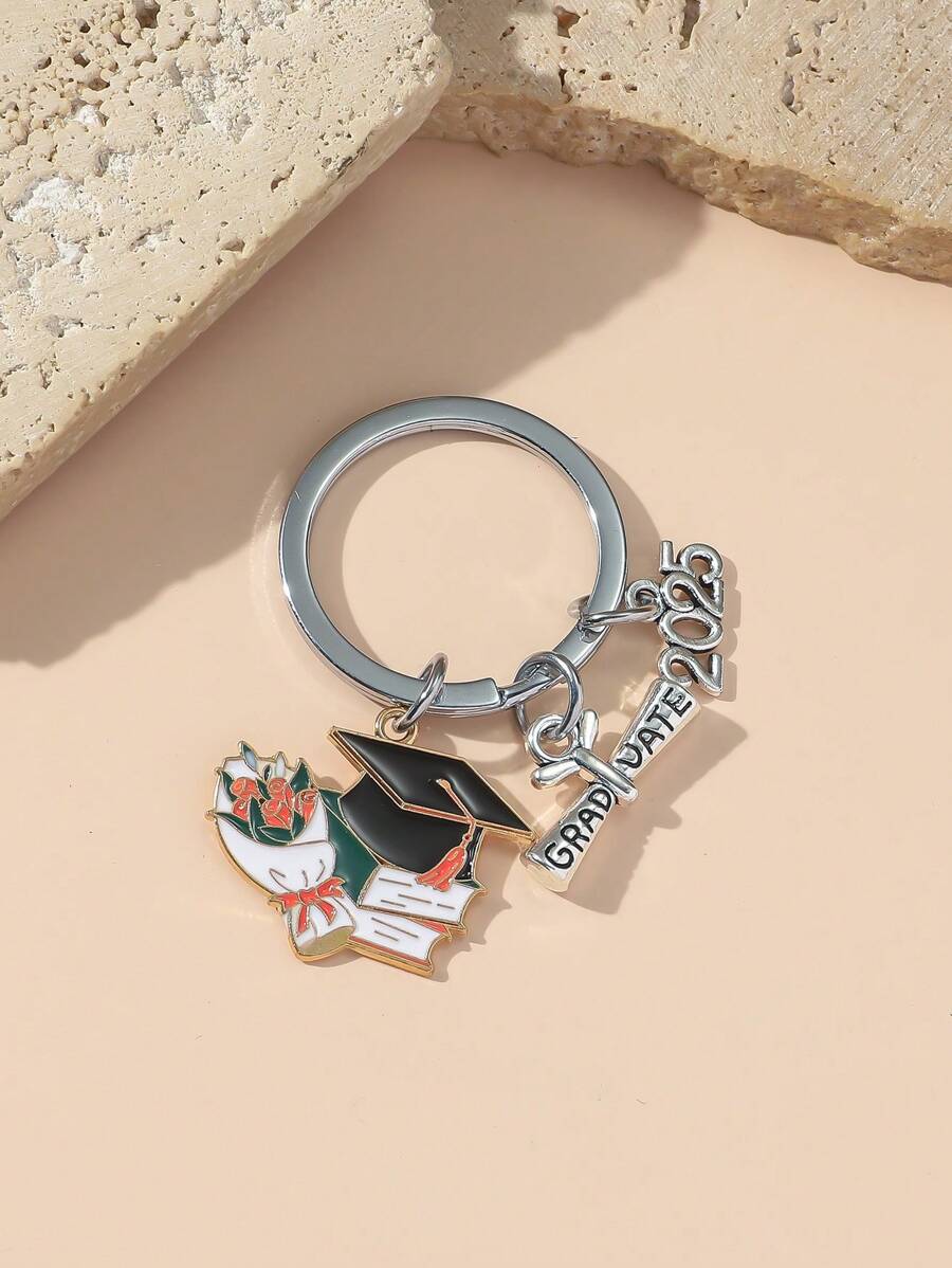 1pc Unisex 2025 Graduation Season Metal Oil Drop Flower Mortar Board Graduation Ceremony Commemorative Key Chain Car Accessories Bag Charm Backpack For School - Multicolor - View 1