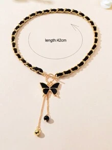 1pc Designer Stylish Butterfly Charm And Ball Pendant Tassel Braided Long Necklace Women Party Daily Jewelry - Butterfly - View 4