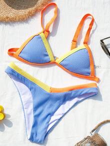 Bikinx Contrast Color Sexy Bikini Set Top & Bottom With Small Ribbeds, Summer Beach Vacation - Blue - View 6