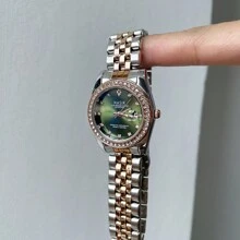 NASIR 1pc Popular High Aesthetic Gold Strap With Full Diamond Dial, Multifunctional Waterproof Light Luxury Women's Watch - màu xanh lá - Xem 7