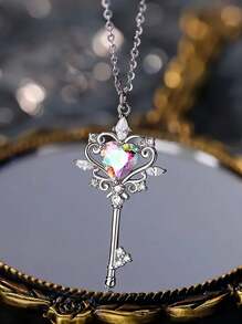 1 Pieza Collar con clave y ópalo en forma de corazón - Perfecto para uso diario y como regalo - Piedra natal de abril - Zirconia sintética - Regalo para el Día de San Valentín, Mamá, Madre, Día de la Madre