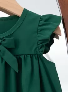 女宝宝简约可爱盖袖纯色蝴蝶结烂花装饰连衣裙 - 墨綠色 - 查看 4