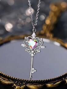 1 Pieza Collar con clave y ópalo en forma de corazón - Perfecto para uso diario y como regalo - Piedra natal de abril - Zirconia sintética - Regalo para el Día de San Valentín, Mamá, Madre, Día de la Madre