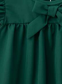 女宝宝简约可爱盖袖纯色蝴蝶结烂花装饰连衣裙 - 墨綠色 - 查看 6