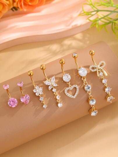 7pcs Stainless Steel Navel Ring Set, Include Bowknot, Heart, Flower Pendant, Golden Tone With Shiny Zirconia Stone Belly Button Piercing Jewelry For Women Valentines